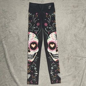 Art In Sport Womens Sugar Skull full length Leggings Size Large Grunge Boho Goth